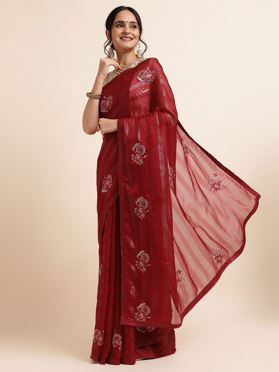 

FABMORA Maroon Embellished Embroidered Poly Chiffon Designer Saree