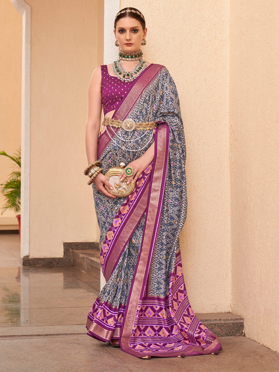 

Mitera Grey Ethnic Motif Printed Zari Patola Saree