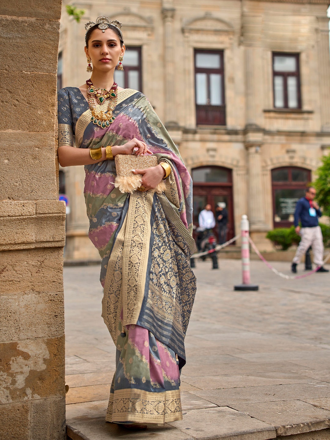 

Mitera Charcoal Floral Woven Designed Zari Saree