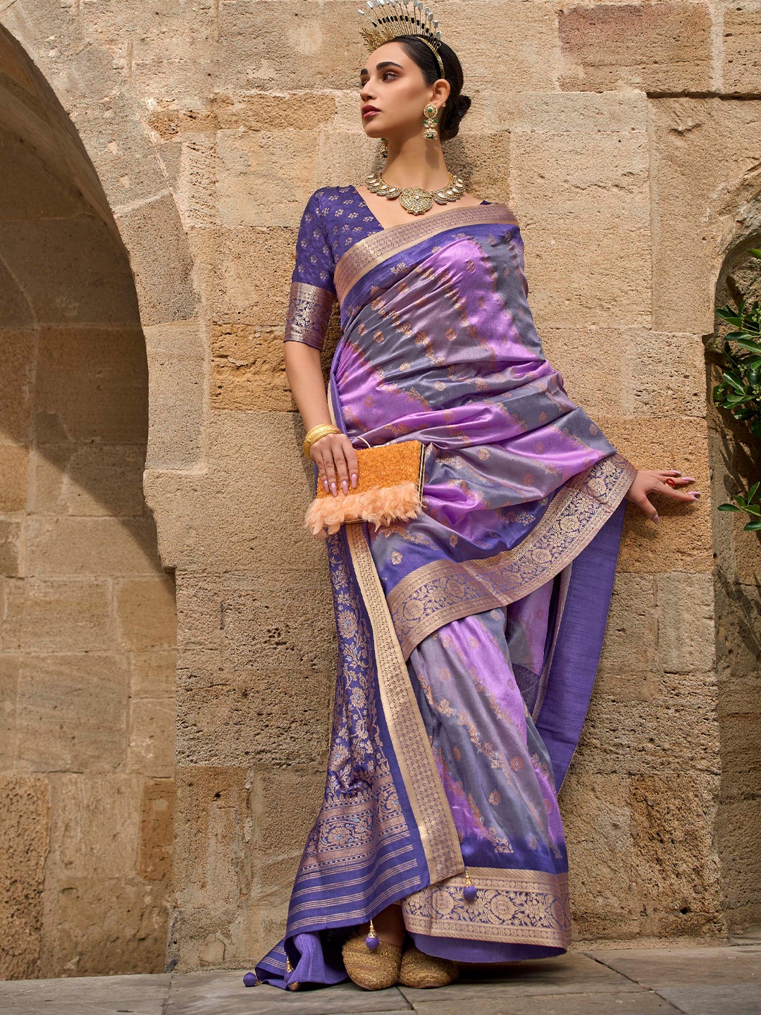 

Mitera Purple Floral Woven Designed Zari Saree