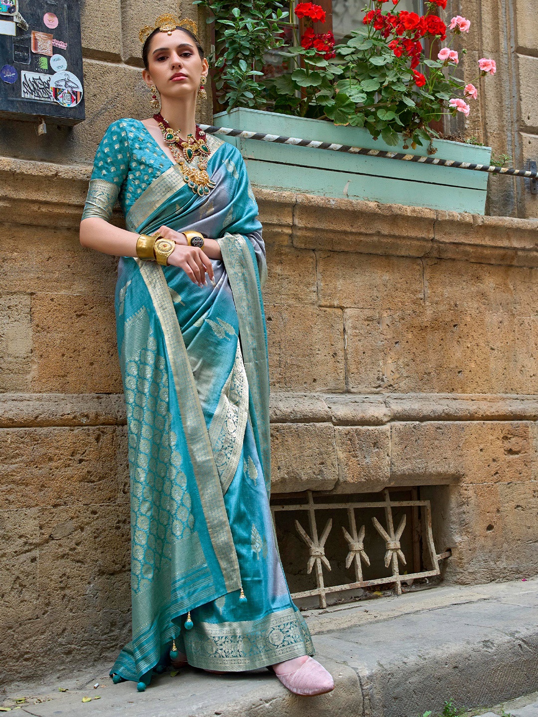

Mitera Blue Floral Printed Zari Saree