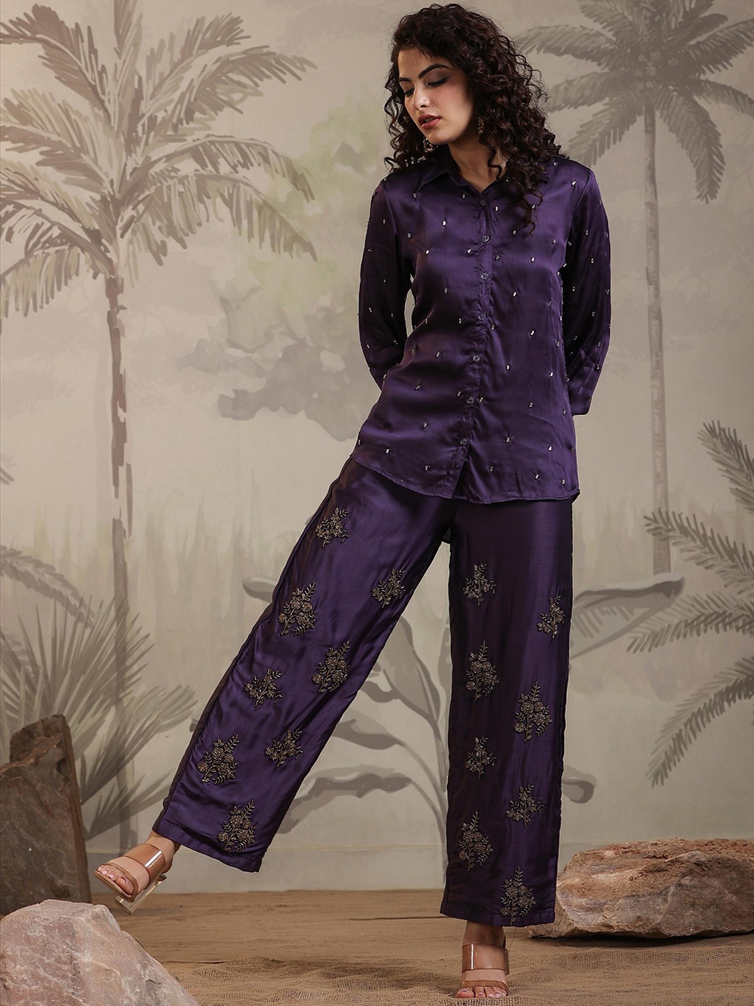 

SCAKHI Embellished Shirt Collar Neck Shirt & Flared Palazzo Co-Ord Set, Violet