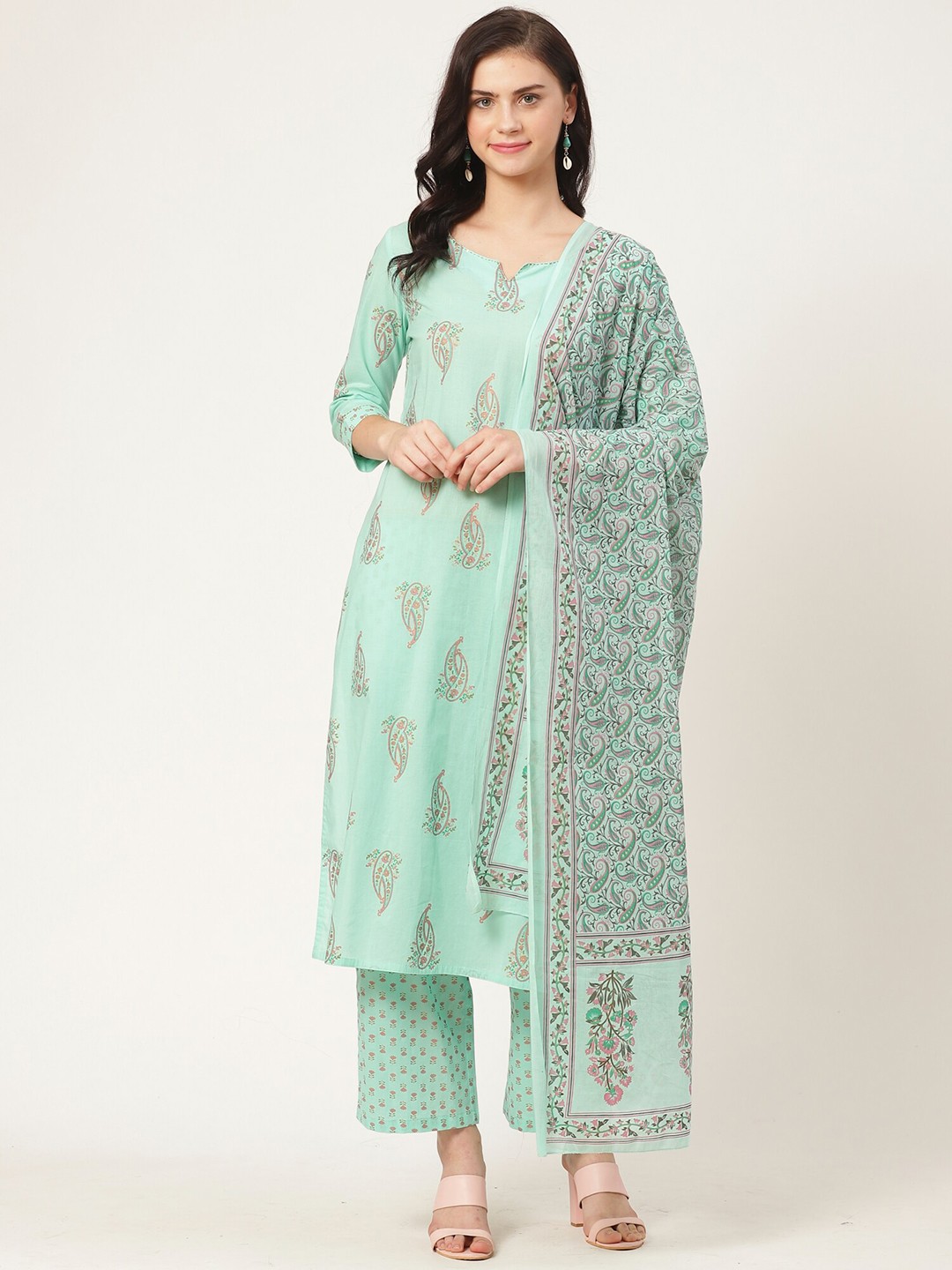

Prakrti Paisley Printed Regular Pure Cotton Kurta With Trousers & With Dupatta, Sea green
