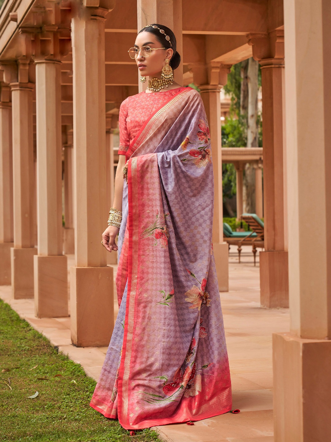

Mitera Lavender Floral Woven Design Beads and Stones Silk Blend Banarasi Saree