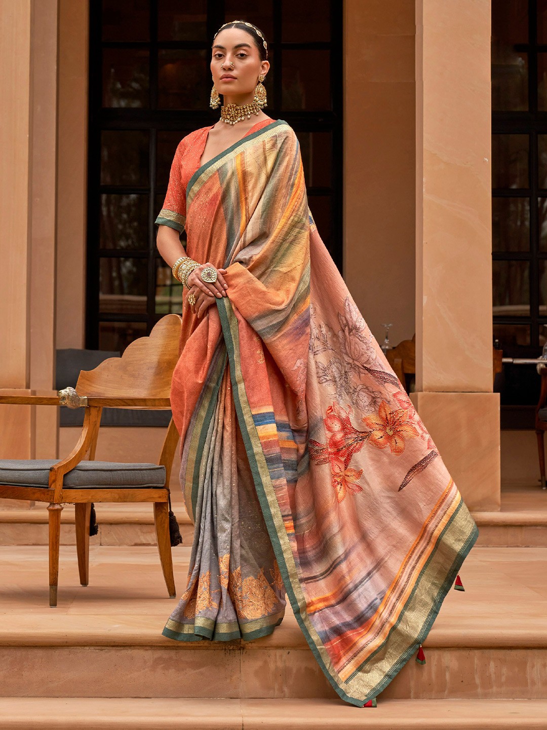 

Mitera Green Floral Printed Beads and Stones Banarasi Saree
