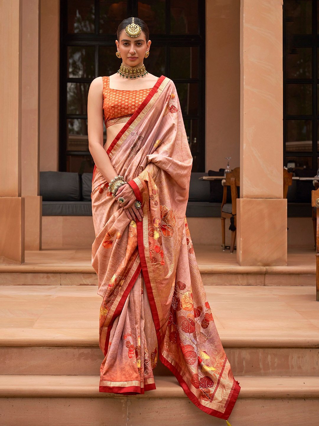 

Mitera Pink Floral Printed Beads and Stones Saree, Red