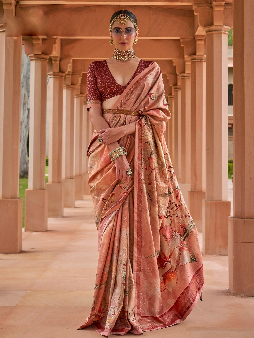 

Mitera Peach-Coloured & Red Floral Printed Beads and Stones Embellished Silk Saree
