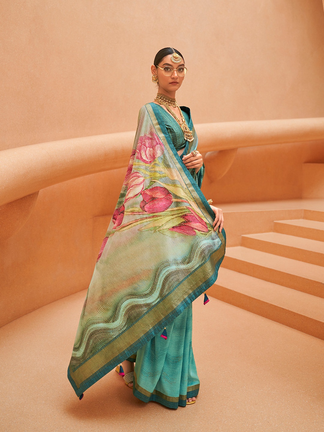 

Mitera Green Floral Printed Beads and Stones Banarasi Saree