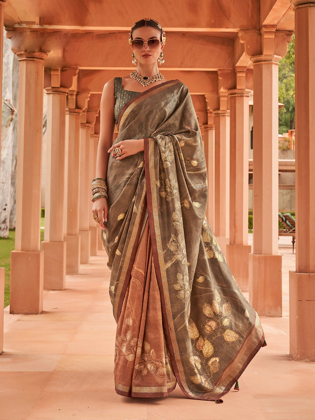 

Mitera Brown Floral Beads and Stones Embellished Silk Blend Banarasi Saree