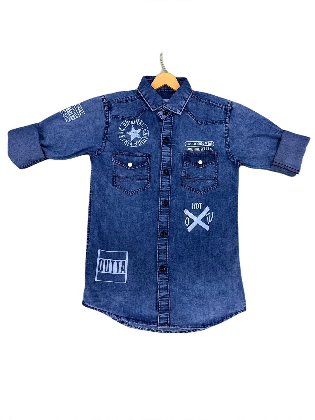 

BAESD Boys India Slim Fit Typography Printed Casual Denim Shacket, Navy blue