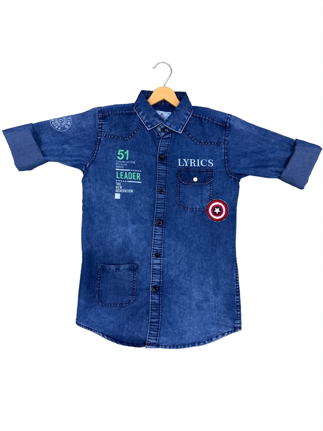 

BAESD Boys India Slim Typography Printed Casual Denim Shirt, Navy blue