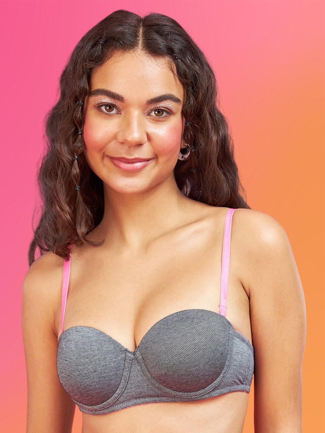 

ENAMOR XO Pin Stripe Wired Padded Strapless Full Coverage Balconette Bra - All Day Comfort, Grey