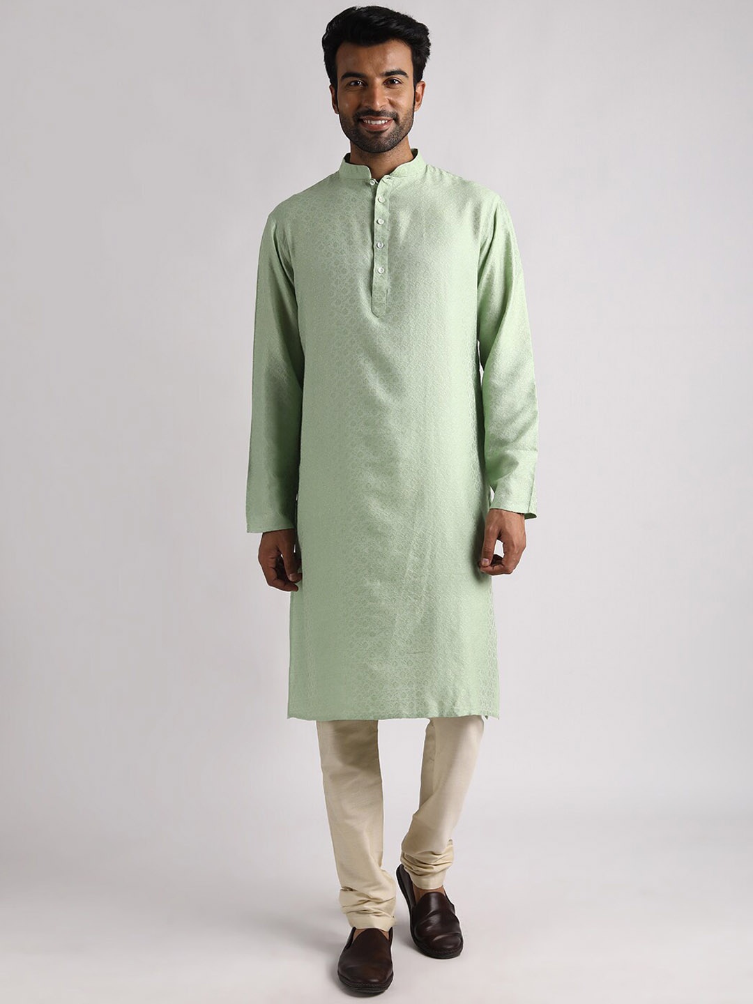 

Streaks & Crosses Ethnic Motifs Woven Design Mandarin Collar Straight Kurta with Churidar, Lime green