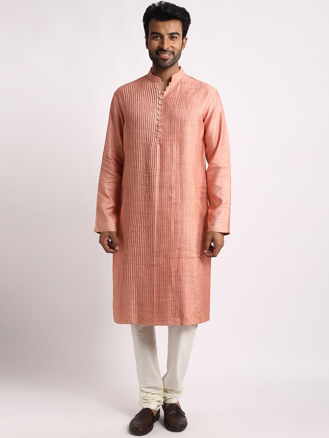 

Streaks & Crosses Striped Mandarin Collar Tussar Silk Straight Kurta with Churidar, Pink