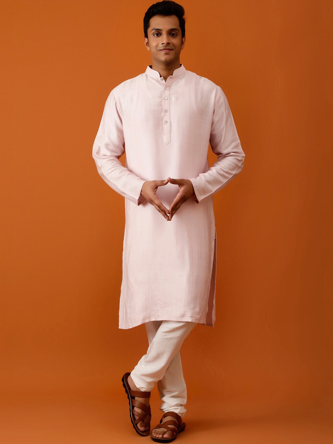 

Streaks & Crosses Mandarin Collar Tussar Silk Straight Kurta with Churidar, Pink