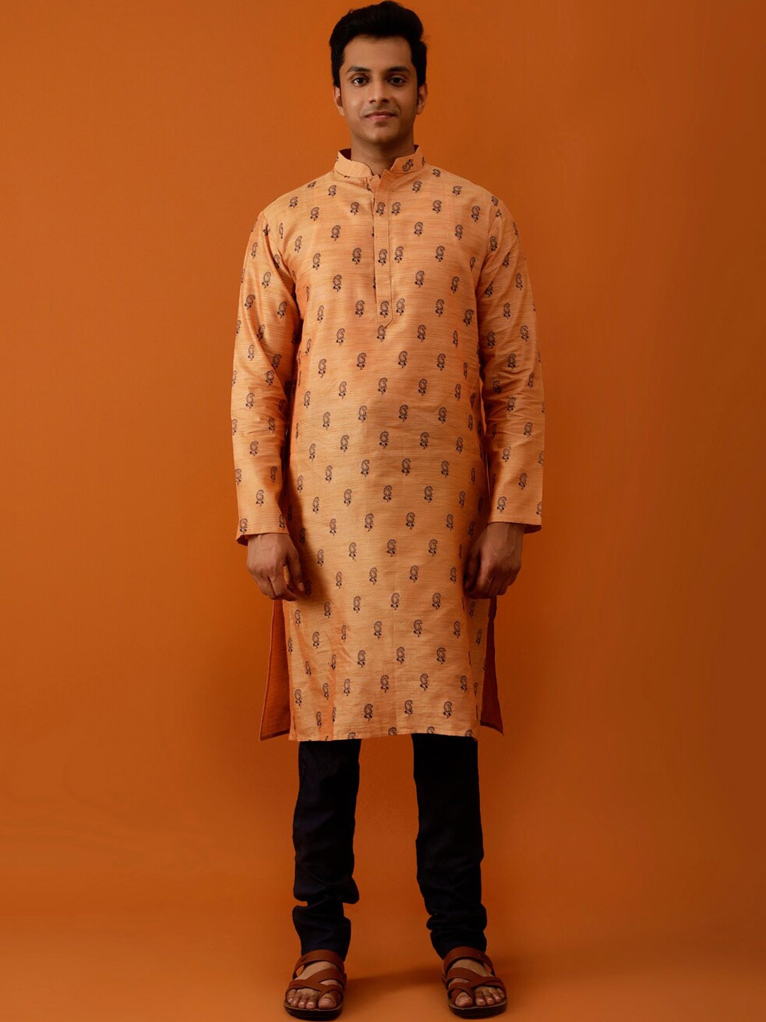 

Streaks & Crosses Paisley Embroidered Mandarin Collar Straight Kurta with Churidar, Orange