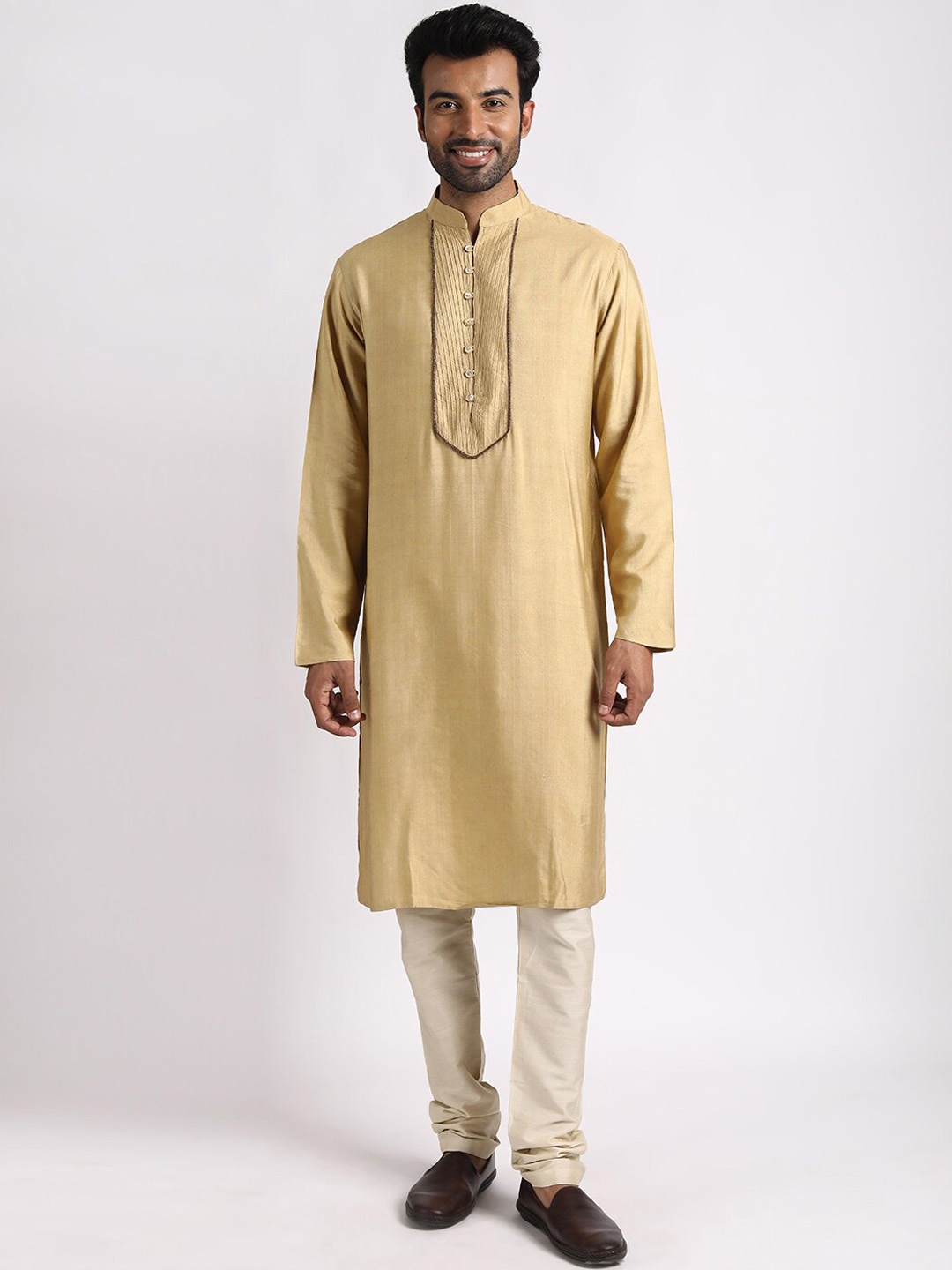 

Streaks & Crosses Mandarin Collar Tussar Silk Straight Kurta with Churidar, Beige