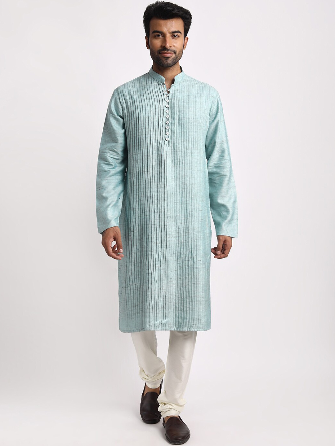 

Streaks & Crosses Striped Mandarin Collar Tussar Silk Straight Kurta with Churidar, Sea green