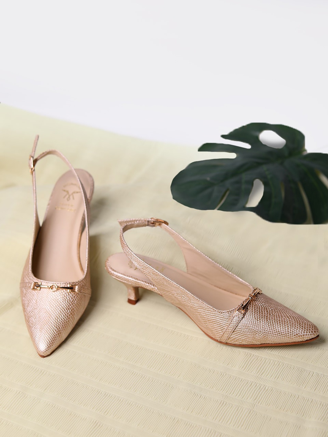 

Monrow Pointed Toe Textured Work Kitten Pumps With Buckle Closure, Beige