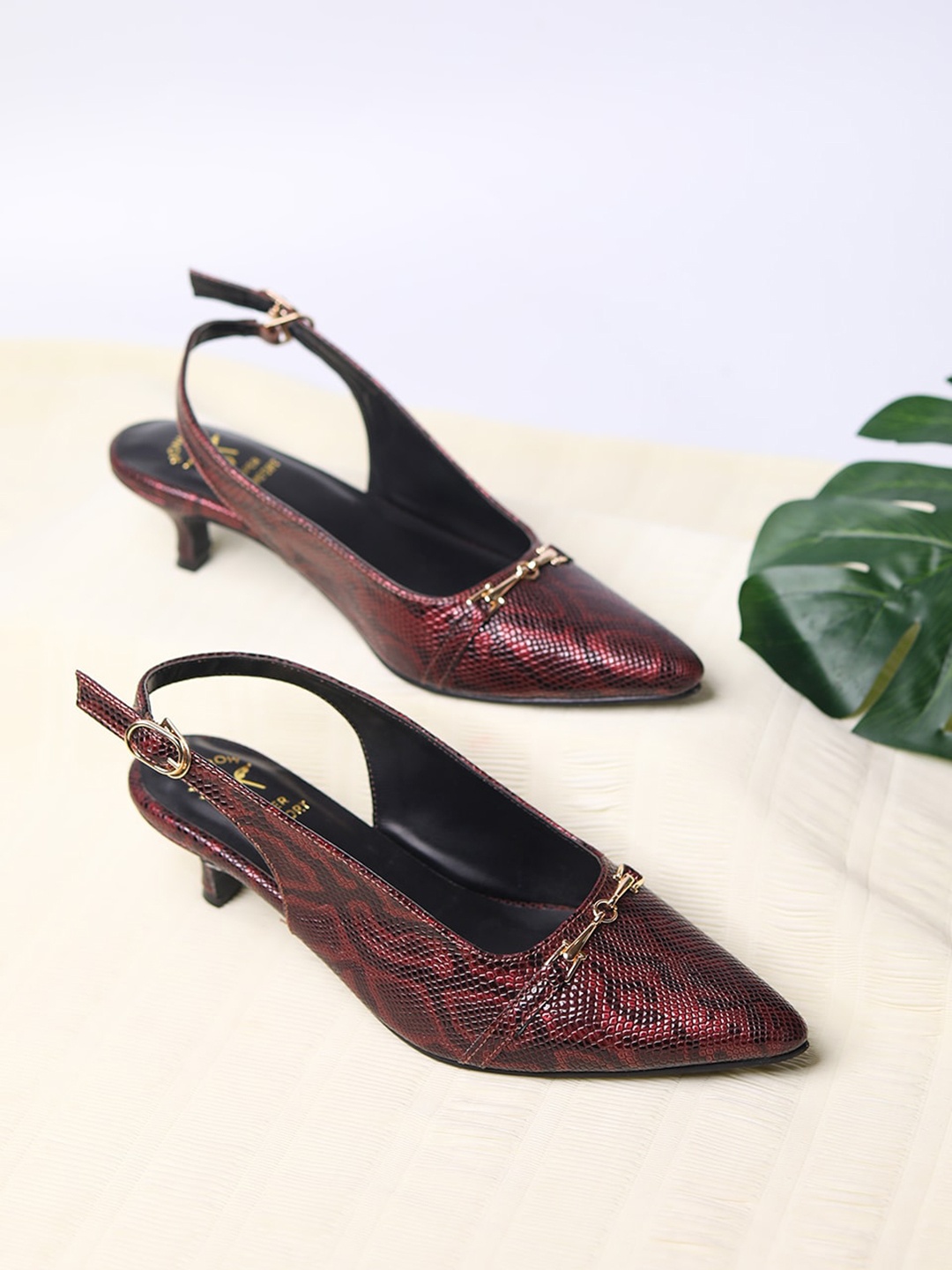 

Monrow Textured Embellished Pointed Toe Work Kitten Pumps With Buckle Closure, Maroon