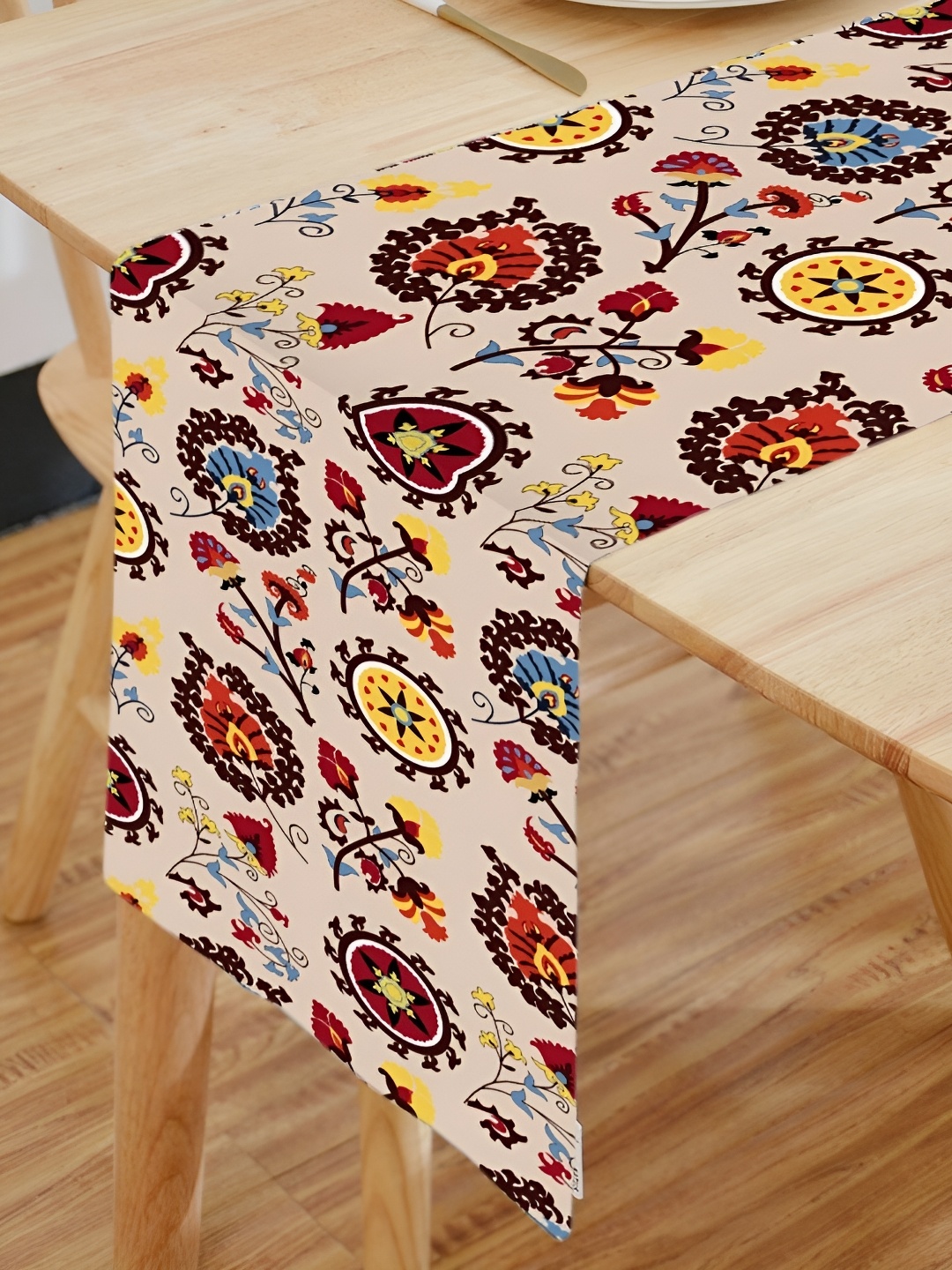 

HOMADORN Beige & Maroon Floral Printed Table Runner