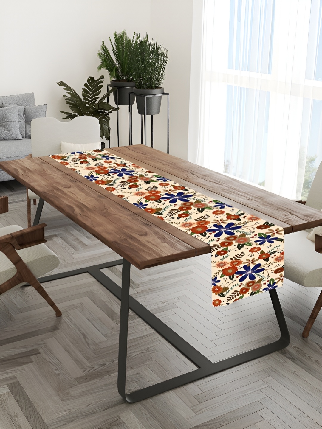 

HOMADORN Beige & Blue Floral Printed 6-Seater Table Cover