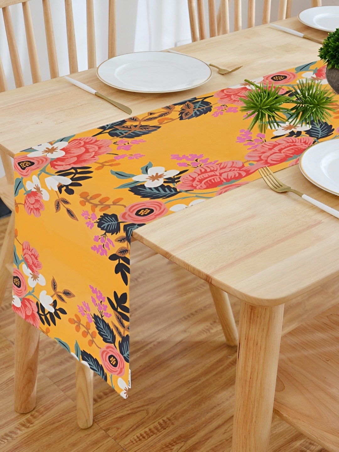 

HOMADORN Blue & Yellow Floral Printed 6-Seater Table Runner