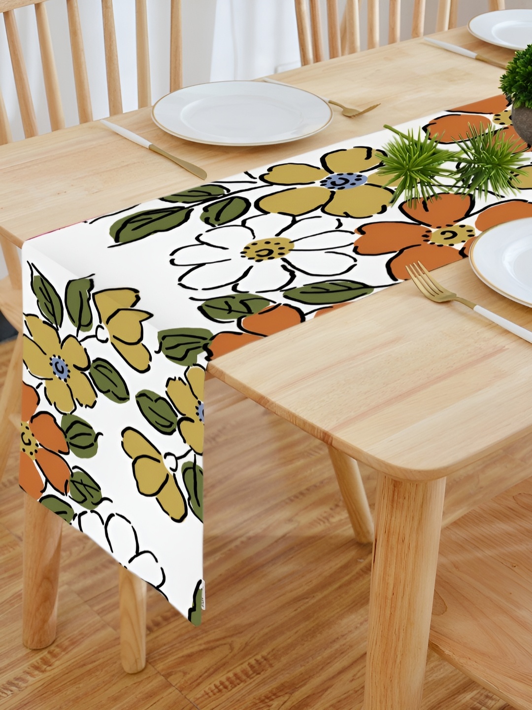 

HOMADORN White & Green Floral Printed Table Runner