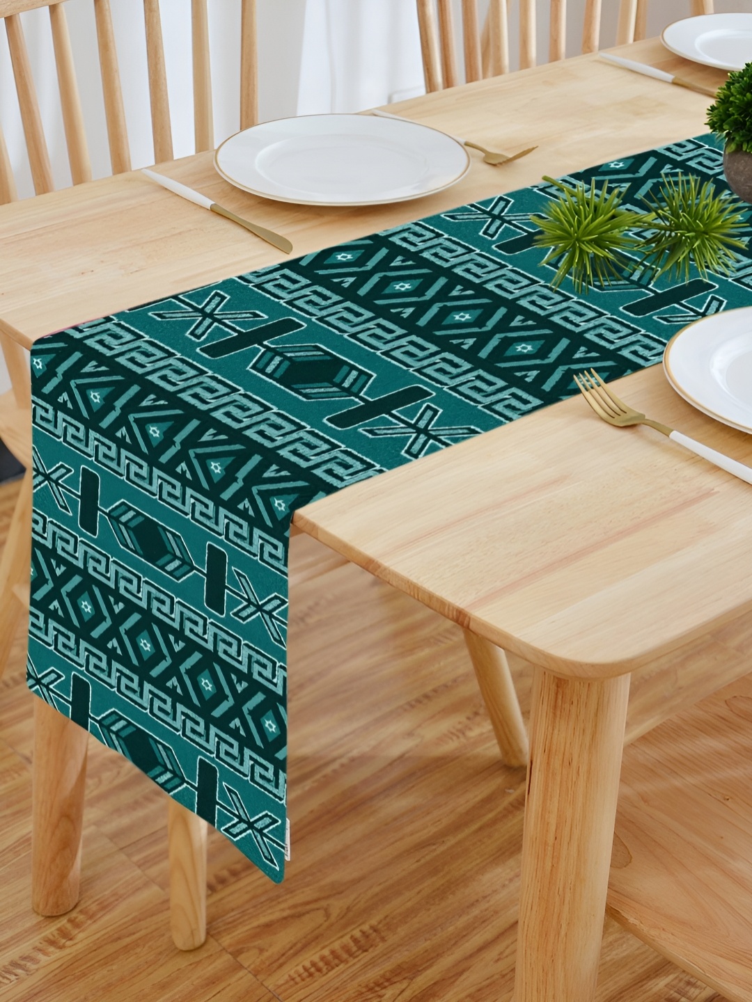 

HOMADORN Blue Ethnic Motifs 6 Seater Table Runner, Green