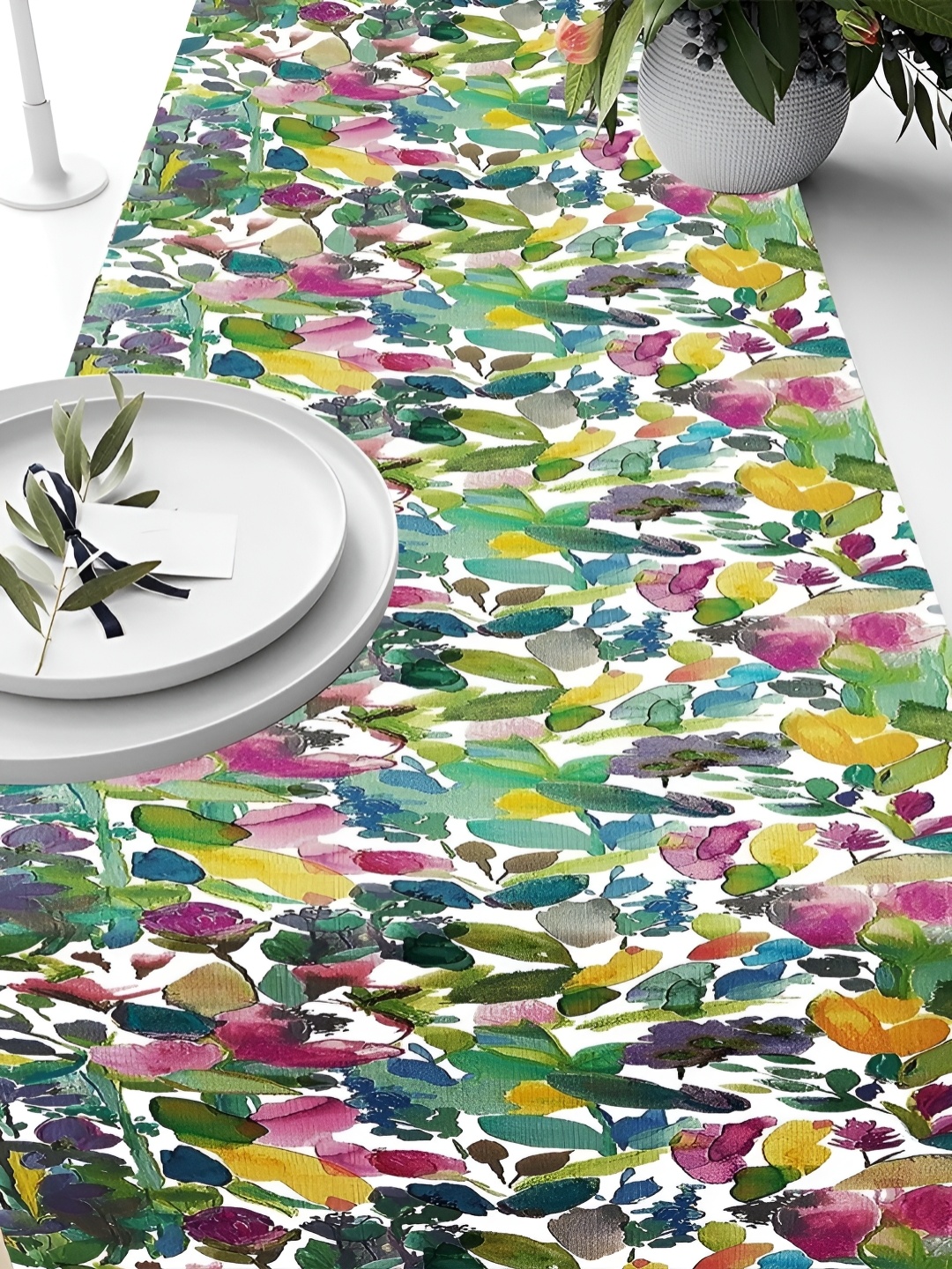 

HOMADORN Blue & Yellow Floral Printed 4-Seater Table Cover
