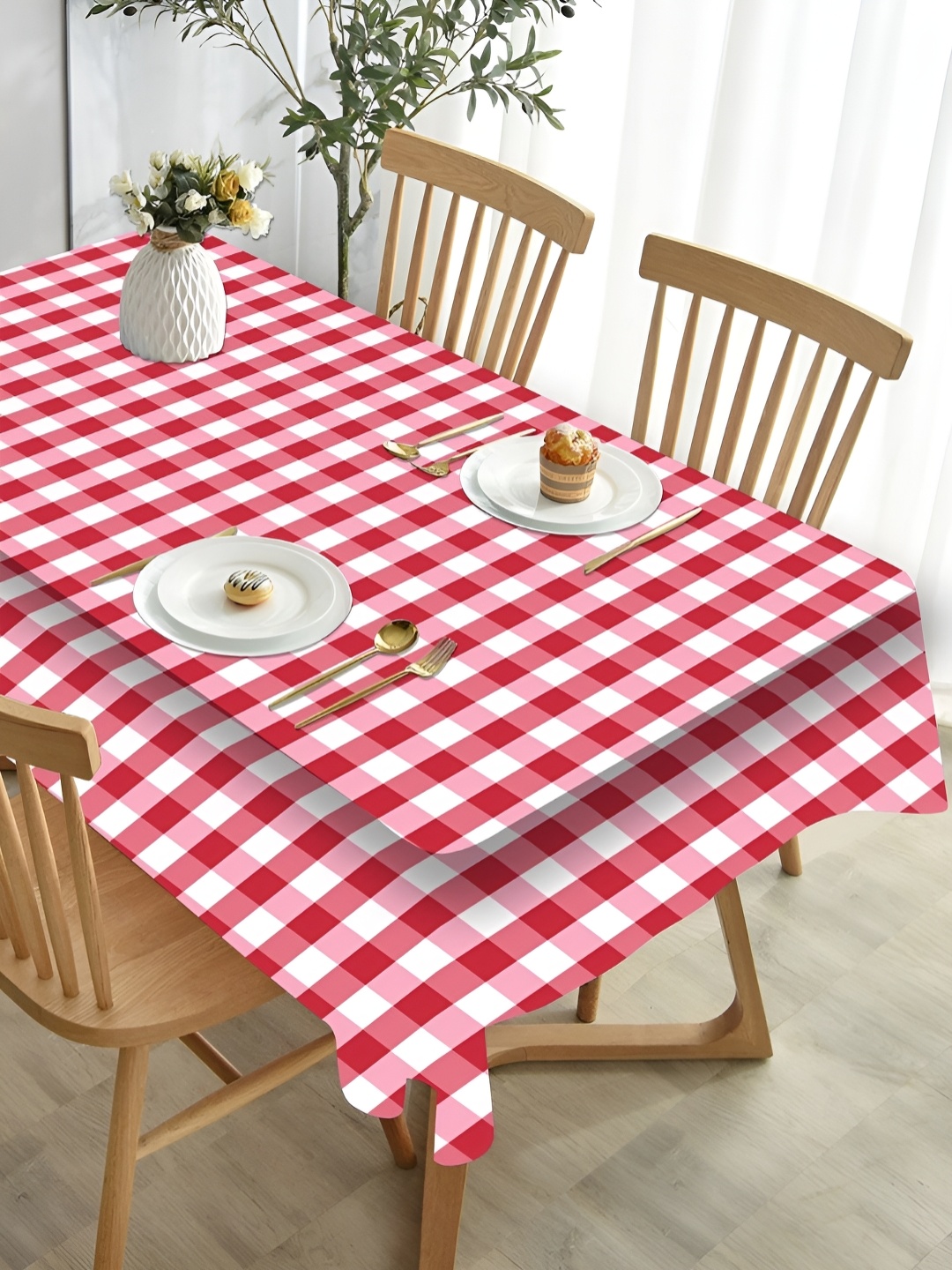 

HOMADORN Pink & White Checked Printed 4 Seater Table Cover