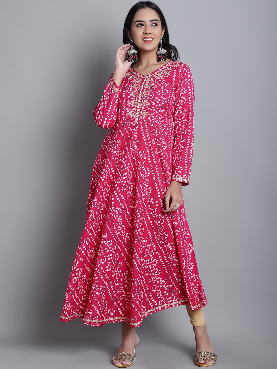 

KALINI Bandhani Printed V-Neck Long Sleeves Gotta Patti Anarkali Kurta, Pink