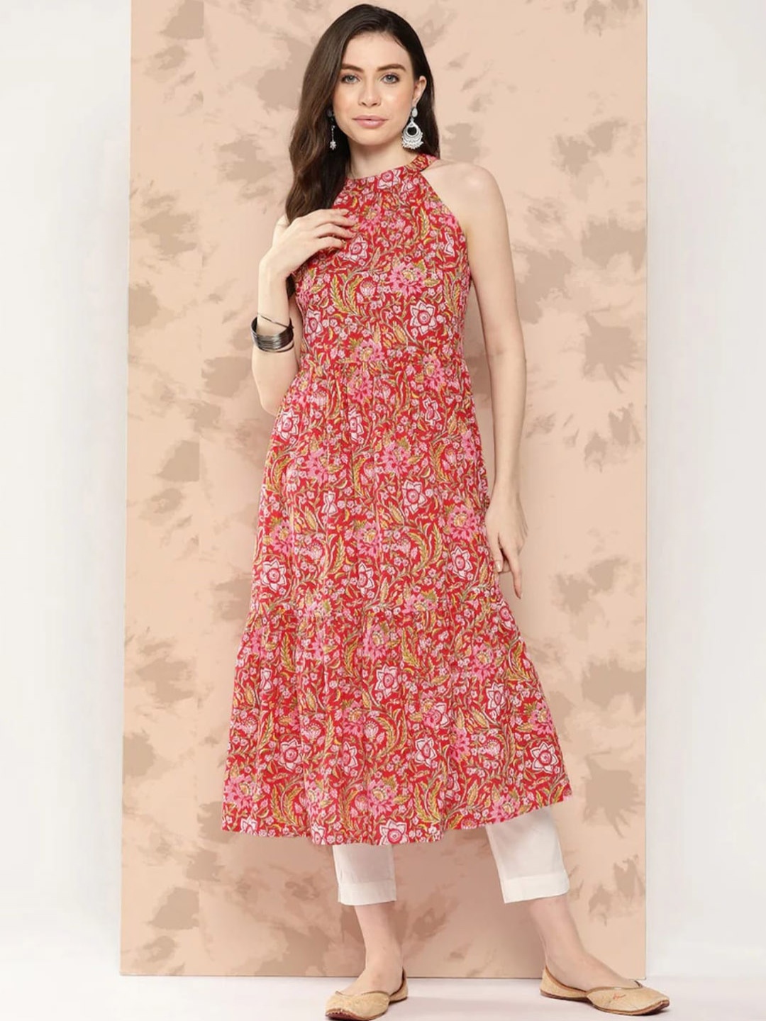 

KALINI Floral Printed Round Neck Sleeveless Cotton A-Line Kurta, Red