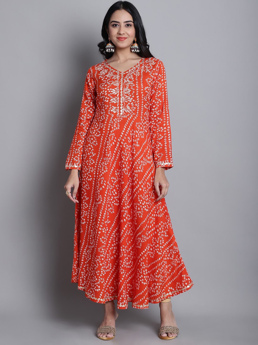 

KALINI Bandhani Printed V-Neck Long Sleeves Gotta Patti Anarkali Kurta, Orange