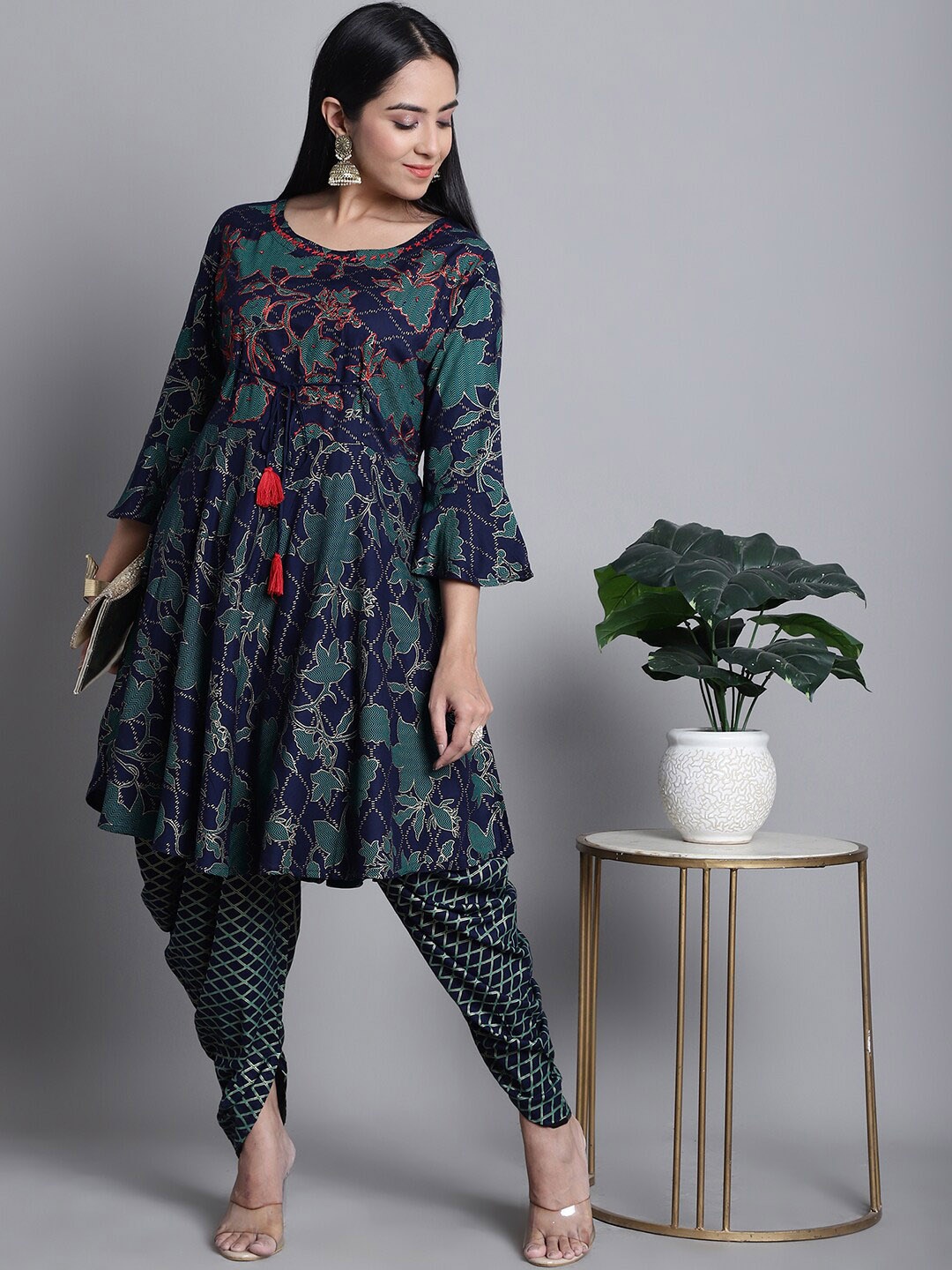 

KALINI Floral Printed Thread Work A-Line Kurta with Dhoti Pants, Blue