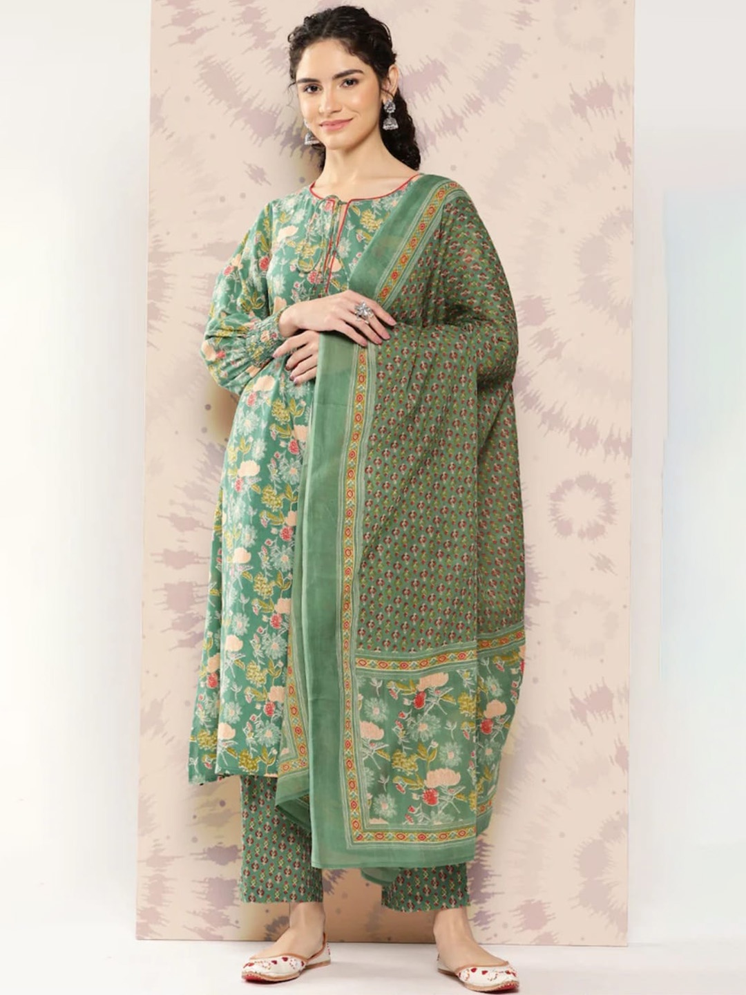 

KALINI Floral Printed Tie-Up Neck Pure Cotton A-Line Kurta & Trousers With Dupatta, Green