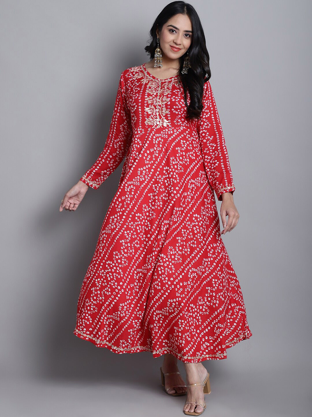 

KALINI Bandhani Printed V-Neck Long Sleeves Gotta Patti Anarkali Kurta, Red