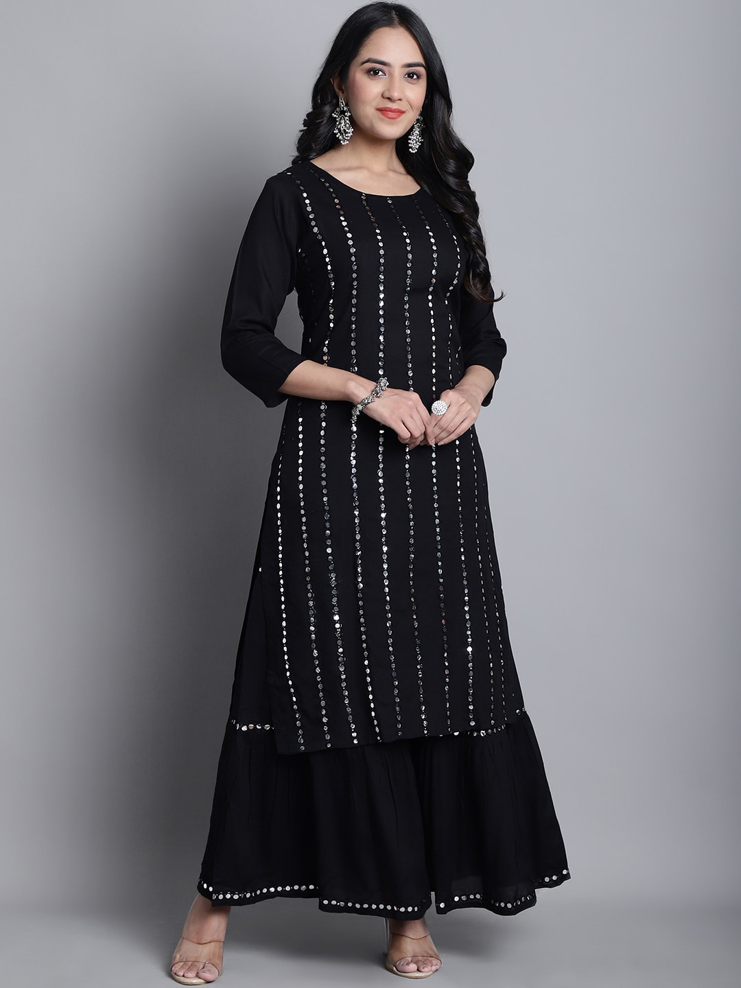 

KALINI Striped Embroidered Mirror Work Straight Kurta With Sharara, Black