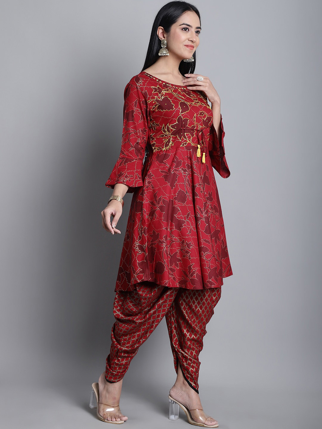 

KALINI Floral Yoke Design Thread Work Angrakha Thread Work Kurta With Dhoti Pants, Maroon