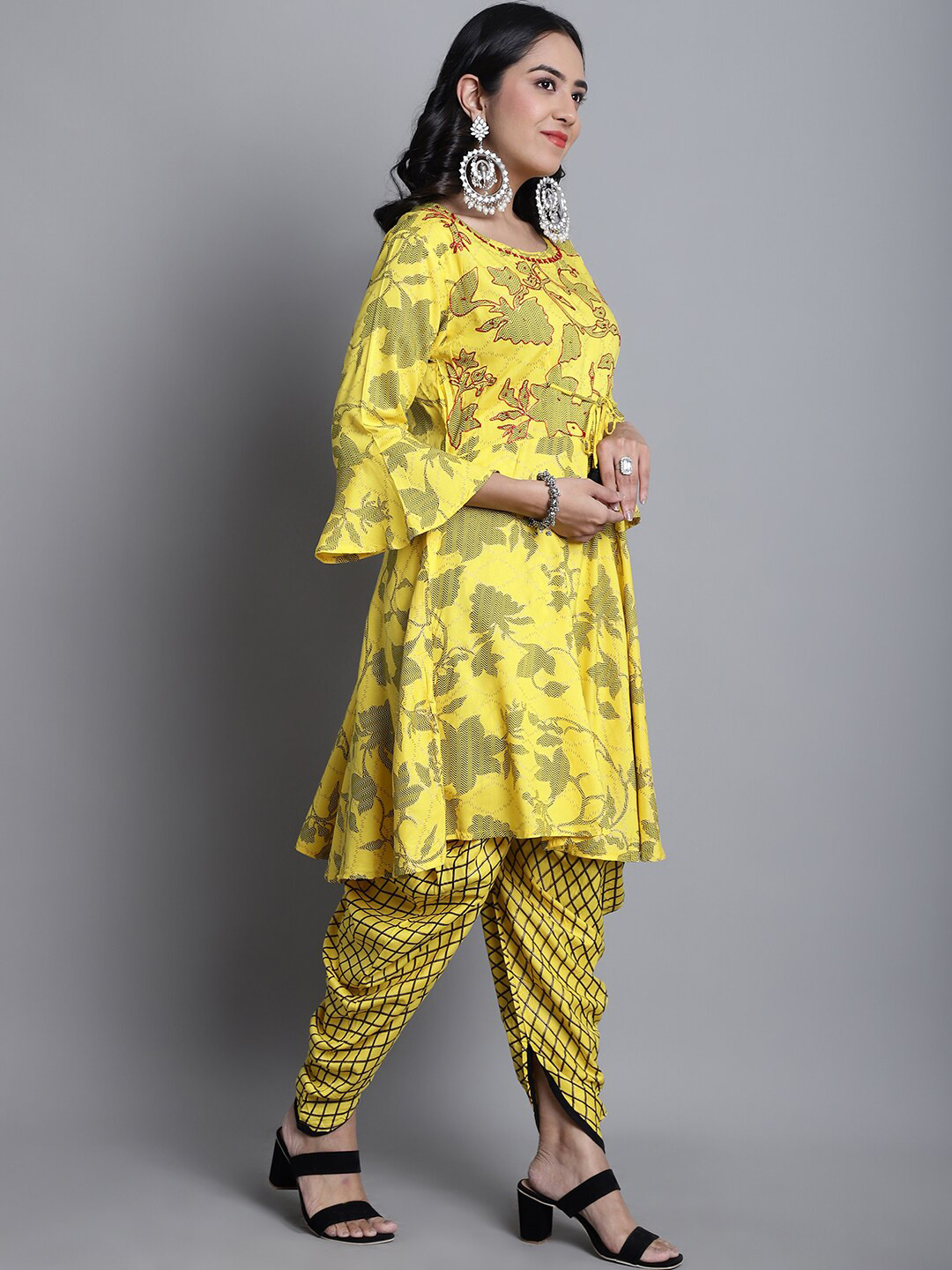 

KALINI Floral Yoke Design Bell Sleeves Angrakha Thread Work Kurta With Dhoti Pants, Yellow