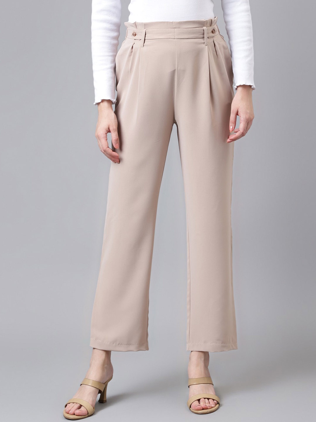 

Latin Quarters Women High-Rise Pleated Front Parallel Trousers, Beige