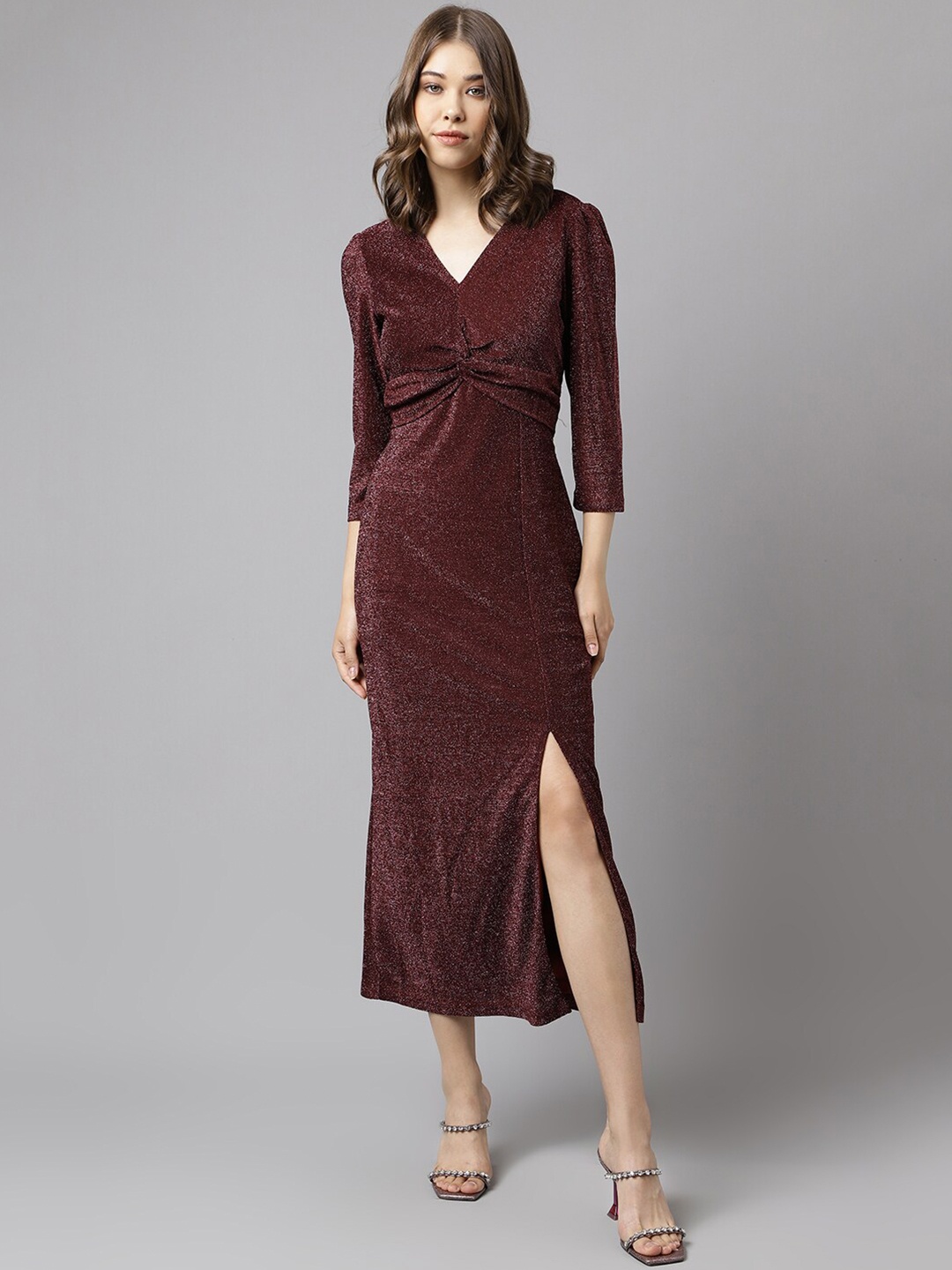 

Latin Quarters Textured Twisted V-Neck Sheath Midi Dress, Maroon