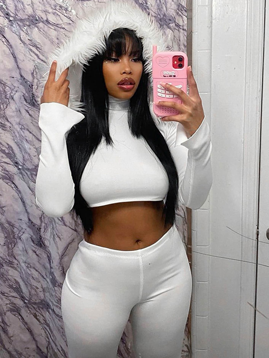 

LULU & SKY High-Neck Hooded High-Neck Crop Top With Leggings Co-Ords, White