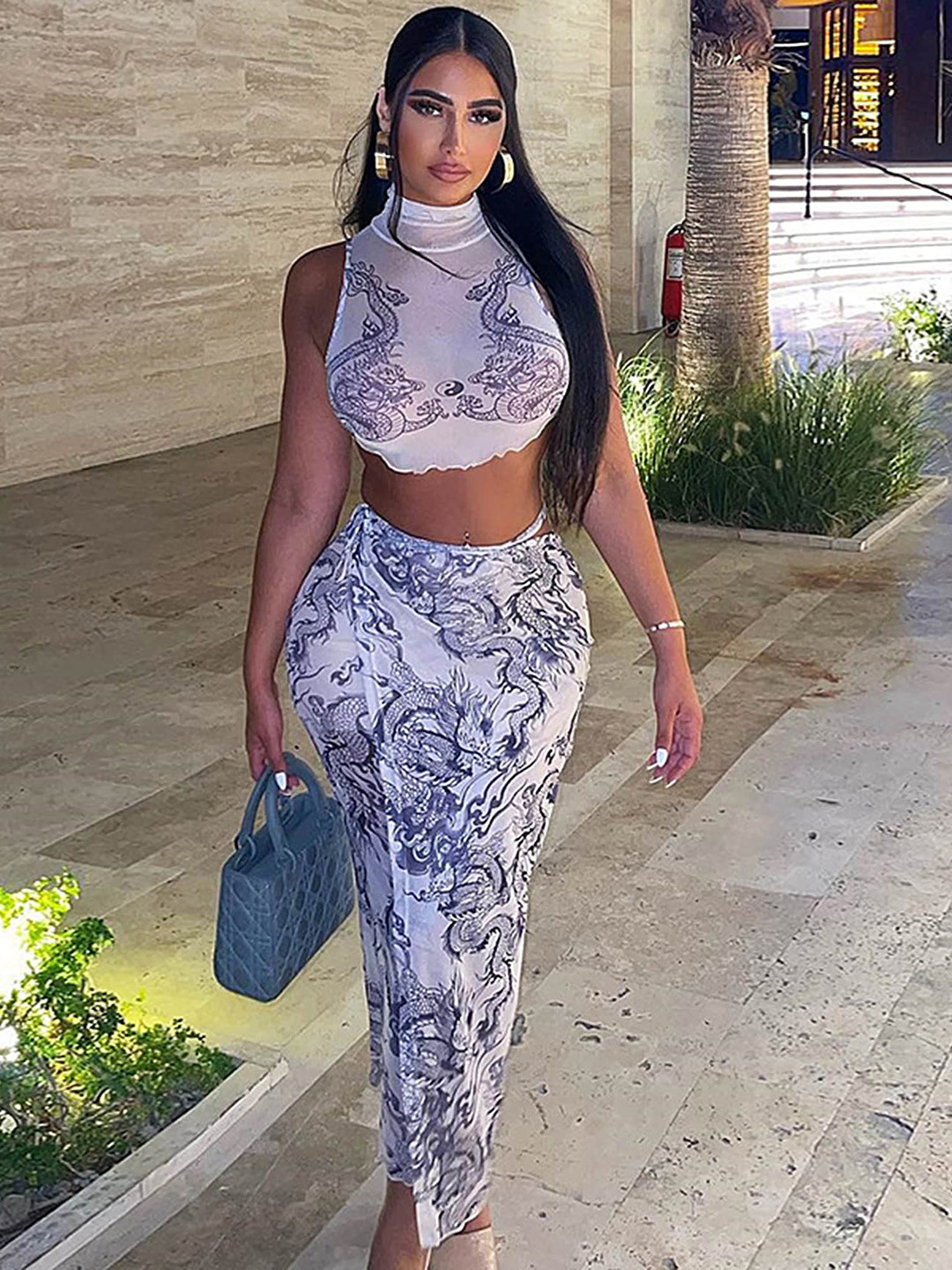 

LULU & SKY Abstract Printed High Neck Crop Top With Skirt, Blue