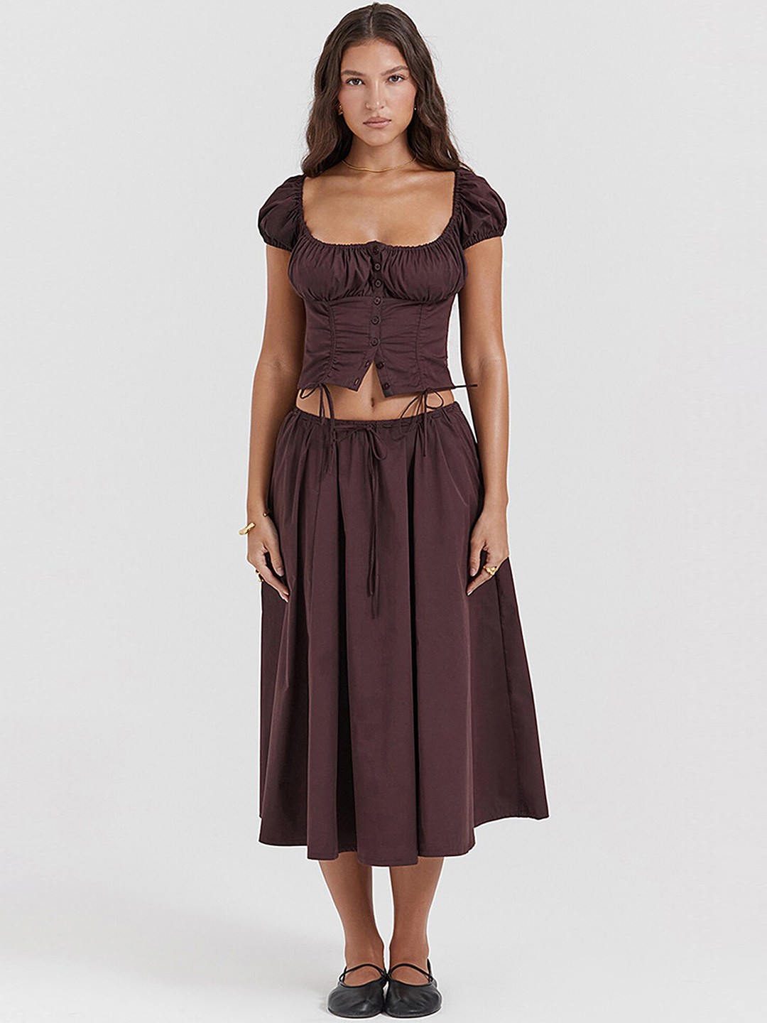 

LULU & SKY Button-Down Crop Top With Skirt Co-Ords, Brown