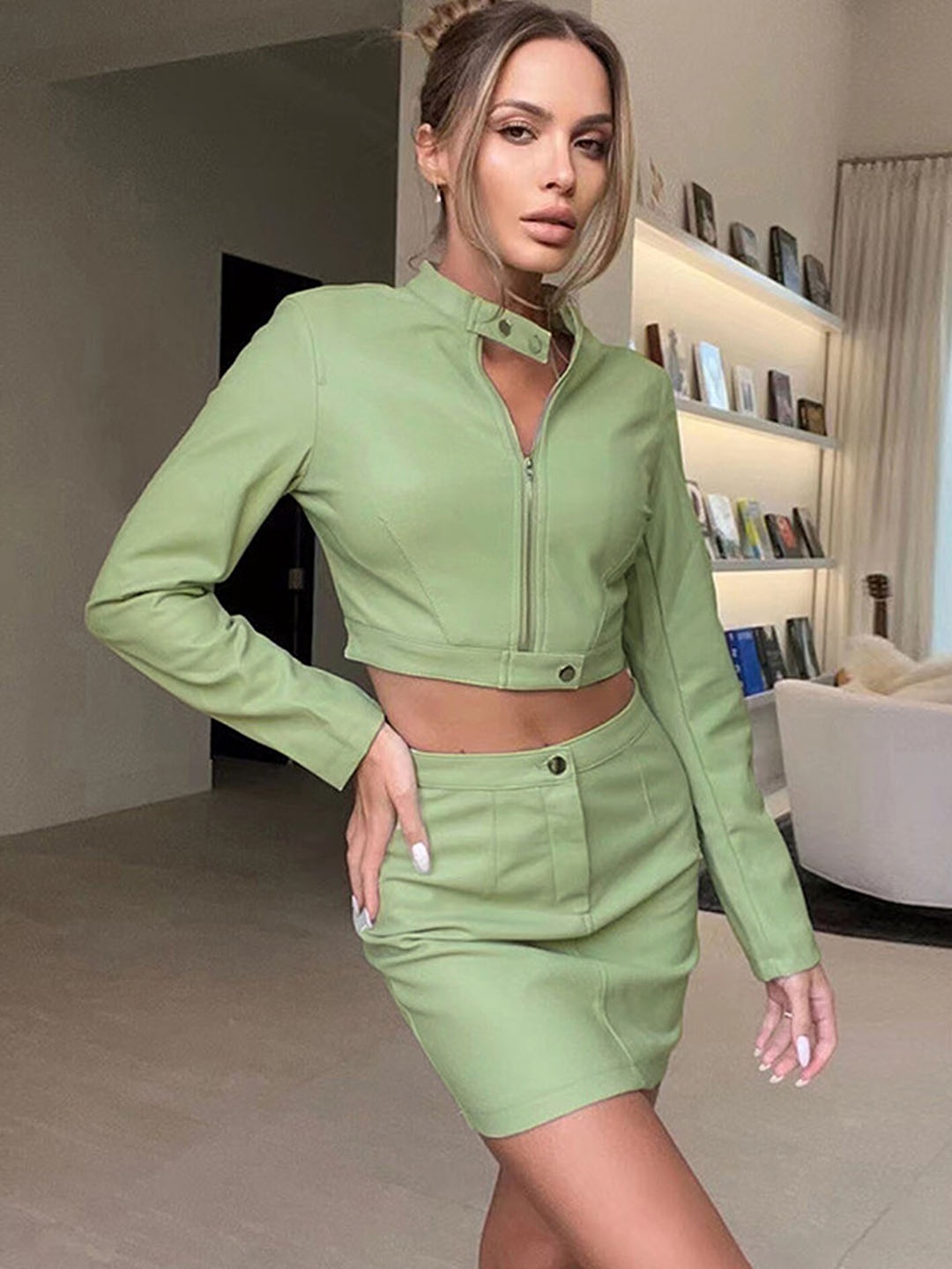 

LULU & SKY Stand-Collar Crop Jacket With Mini Skirt, Green