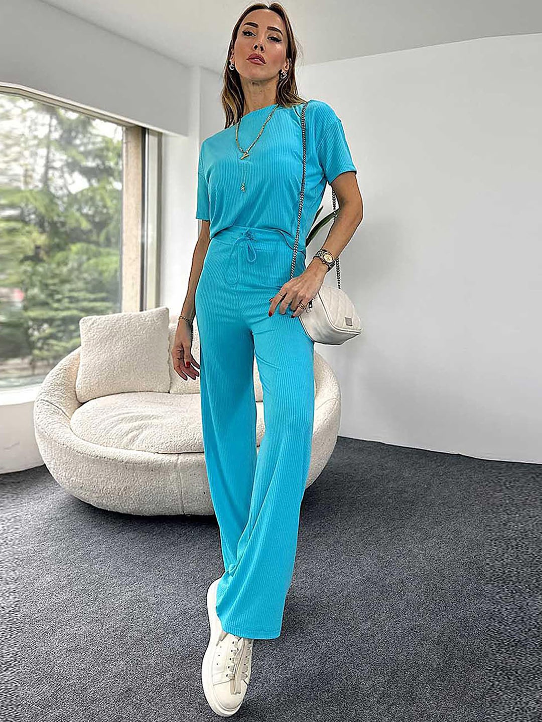 

LULU & SKY Striped Round Neck T-Shirt With Flared Trouser, Blue