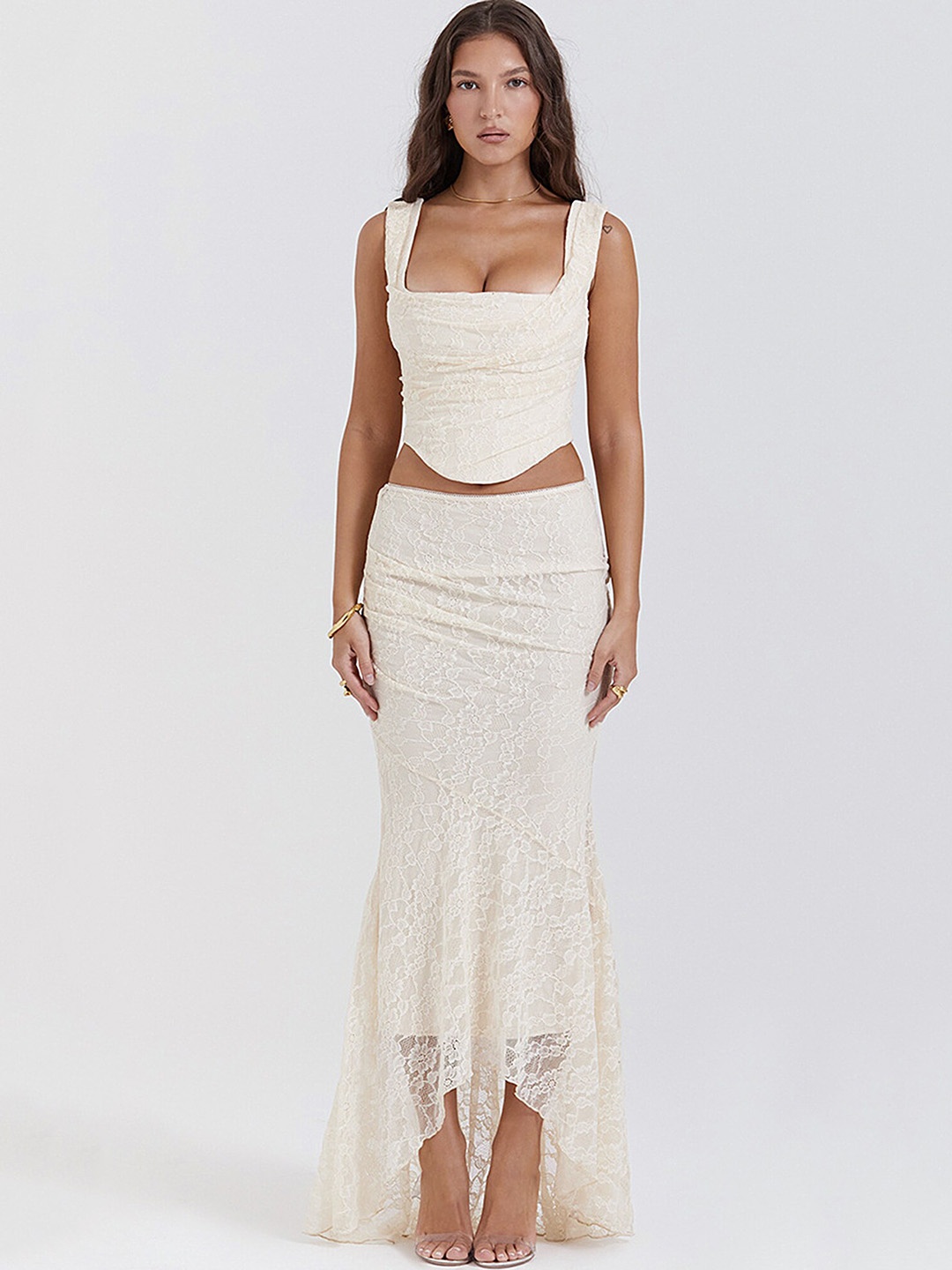 

LULU & SKY Self Design Corset Top & Maxi Skirt, White