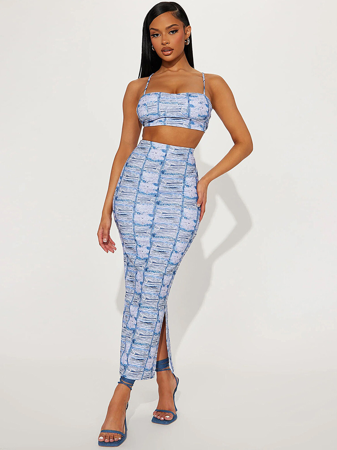 

LULU & SKY Printed Square-Neck Top With Skirt Co-Ords, Blue