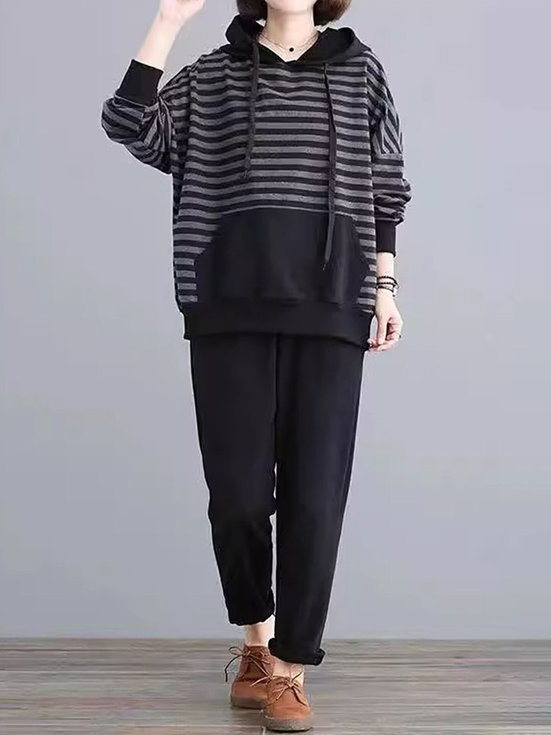 

LULU & SKY Striped Hooded T-Shirts With Joggers, Black